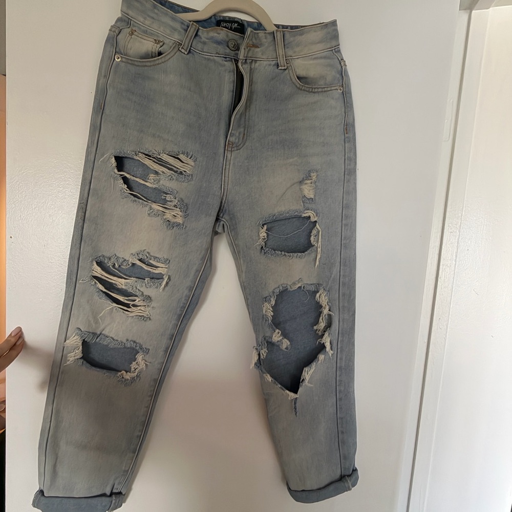 Nasty Gal Ripped Boyfriend Jeans in Light Blue
